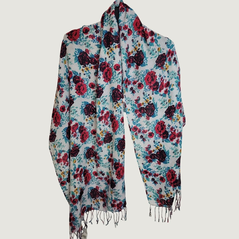 Pashmire Scarf Floral Print Fringe Wrap Shawl Cottagecore Boho White Red Teal